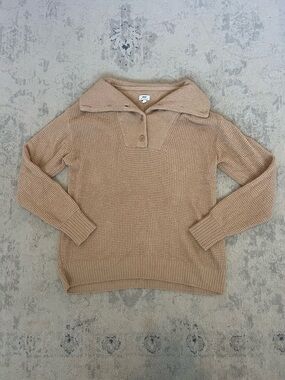 aerie Tan Knit Popover Sweater with Fold-Over Collar